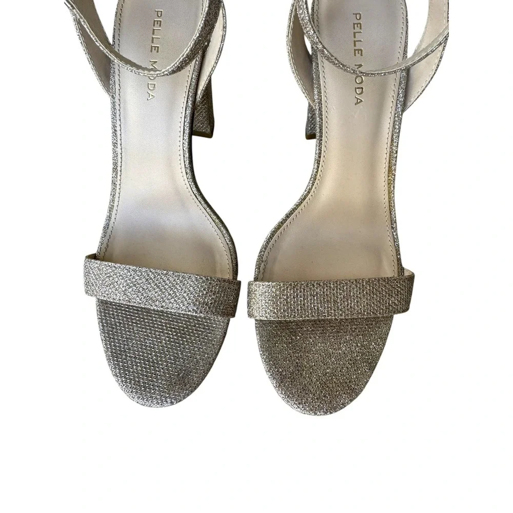 Pelle Moda Brynn Gold Glitter Heels Womens 8 Block Heel Strappy Sandals Cocktail